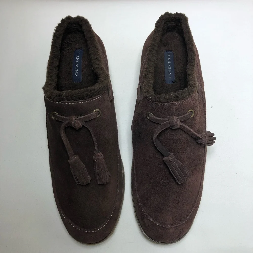 Lands' End Women's Leather Chalet Tassel‎ Fur Lining Brown Mules Clogs 8B